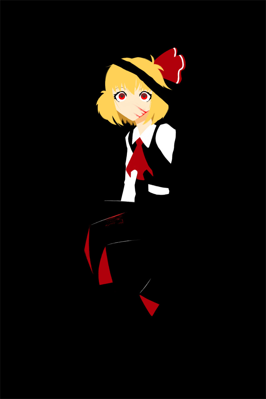 1girl absurdres ascot black_vest blonde_hair blood creampuffs_(artist) hair_ribbon highres no_mouth red_ascot red_eyes red_ribbon ribbon rumia short_hair skirt skirt_set touhou vest