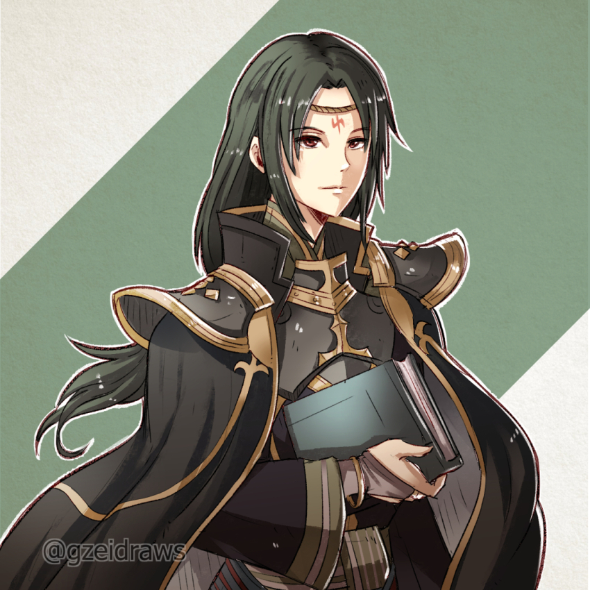 1boy armor black_hair black_robe book bracelet cape circlet cosplay costume_switch facial_mark fire_emblem fire_emblem:_path_of_radiance fire_emblem:_radiant_dawn fire_emblem_echoes:_shadows_of_valentia forehead_mark gzei headband highres jewelry light_smile looking_at_viewer low_ponytail luthier_(fire_emblem) male_focus nintendo ponytail red_eyes robe shoulder_armor solo soren_(fire_emblem)