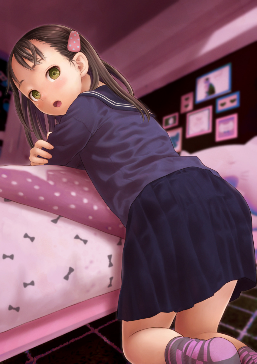 1girl against_bed bed bedroom blue_sailor_collar blue_shirt blue_skirt brown_eyes brown_hair commentary from_behind hair_ornament hairclip highres indoors kneeling leaning_forward long_hair long_sleeves looking_at_viewer looking_back medium_skirt on_floor open_mouth original pink_socks pleated_skirt sailor_collar school_uniform serafuku shirt skirt socks solo textless_version wadachitokakeru