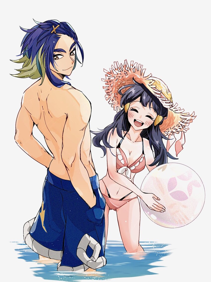 1boy 1girl adaman_(pokemon) akari_(pokemon) ball beachball bikini black_hair blonde_hair blue_hair blue_swim_trunks blush brown_eyes closed_eyes closed_mouth cocoa_s3 collarbone creatures_(company) frilled_bikini frills game_freak green_hair hair_ornament hat highres holding holding_ball long_hair male_swimwear multicolored_hair nintendo open_mouth pink_bikini pokemon pokemon_legends:_arceus short_hair sidelocks smile straw_hat sun_hat swim_trunks swimsuit topless_male