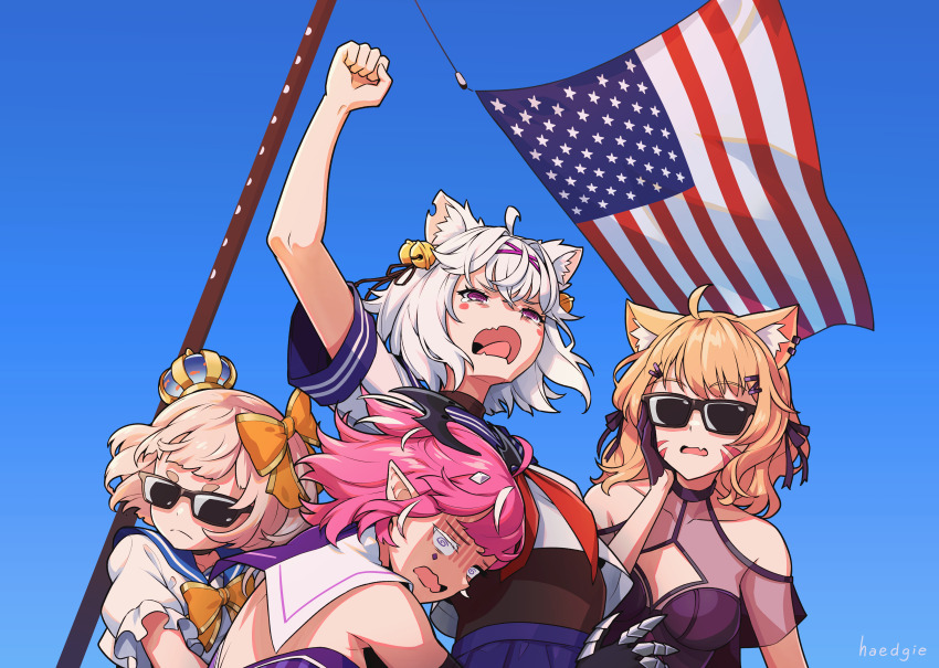 2024_attempted_assassination_of_donald_trump 4girls absurdres ahoge american_flag animal_ear_fluff animal_ears bare_shoulders bell blue_crown blue_sailor_collar bow bowtie camila_(vtuber) capelet cat_ears cat_girl clenched_hand crown demon_girl demon_horns facial_mark fang filian_(vtuber) fox_ears fox_girl gloves haedgie hair_bell hair_bow hair_intakes hair_ornament hat highres horns indie_virtual_youtuber jingle_bell long_hair marimari_en medium_hair meme multicolored_hair multiple_girls open_mouth purple_eyes sailor_collar school_uniform see-through_capelet see-through_clothes serafuku short_sleeves shyrei_faolan sunglasses thick_eyebrows virtual_youtuber white_hair white_serafuku x_hair_ornament yellow_bow yellow_bowtie