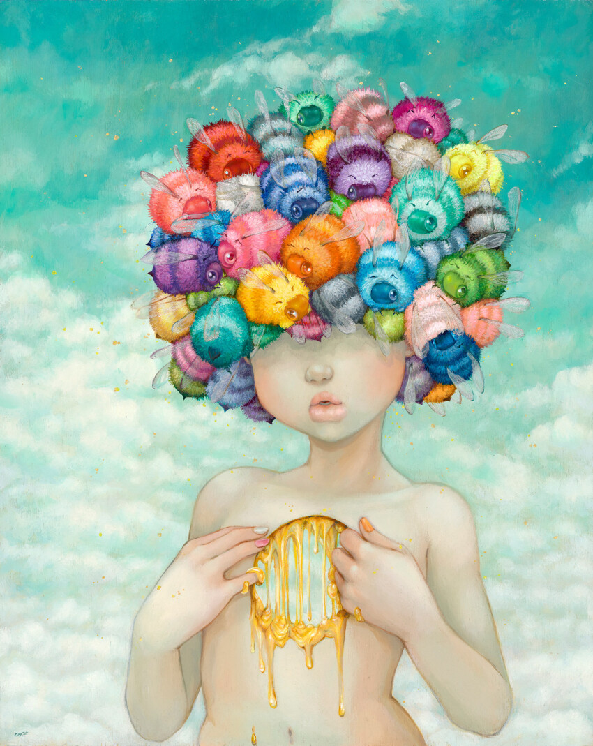 bee bug camilla_d&#039;errico cloud cloudy_sky covered_eyes covering_breasts covering_privates highres honey insect navel nude original painting_(medium) pale_skin parted_lips sky surreal thick_lips traditional_media