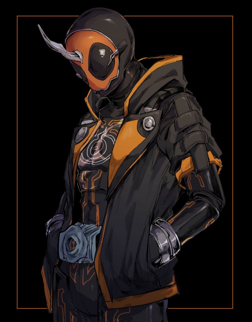 1boy armor belt black_jacket ghost_driver helmet highres horns ichiya1115 jacket kamen_rider kamen_rider_ghost kamen_rider_ghost_(series) multicolored_jacket open_clothes open_jacket rider_belt single_horn solo tokusatsu two-tone_jacket