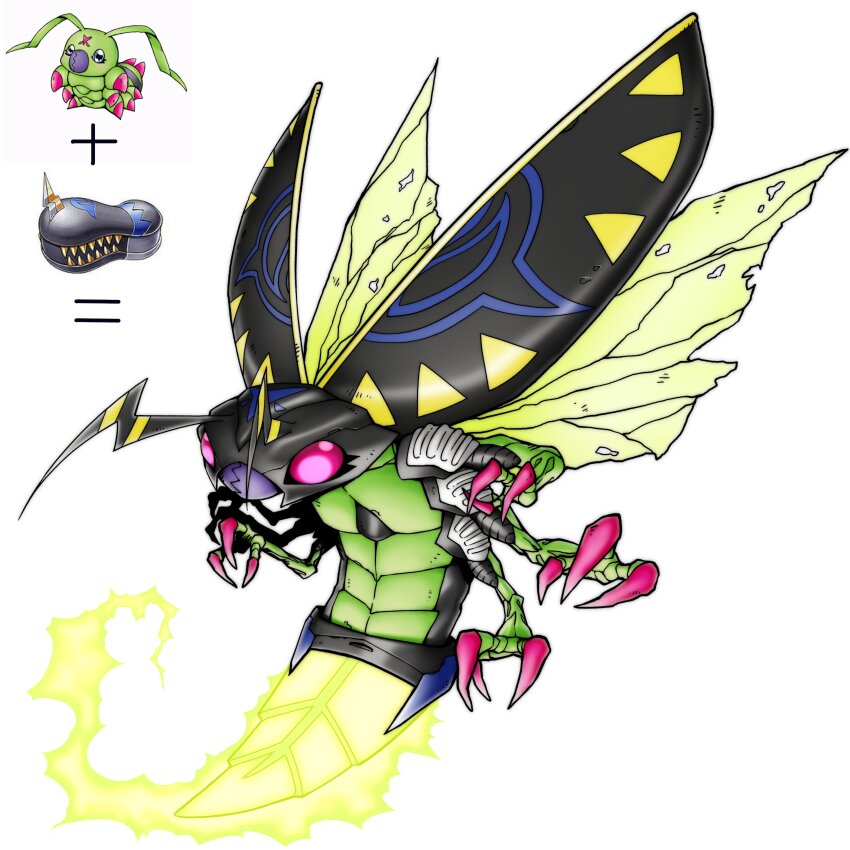 absurdres armor bug claws digimental digimental_of_friendship digimon digimon_(creature) firefly fuzzzycomics highres insect insect_wings lightning oridigi original pink_eyes wings wormmon