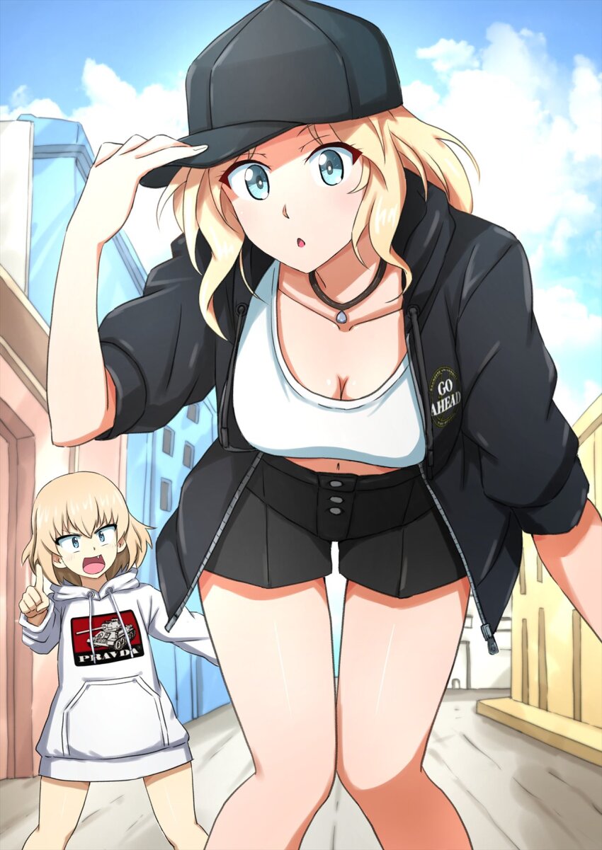 2girls alternate_costume angry bare_legs black_hat black_jacket black_shorts blonde_hair blue_eyes breasts casual cleavage crop_top fang girls_und_panzer hat highres hood hoodie jacket jewelry katyusha_(girls_und_panzer) kay_(girls_und_panzer) large_breasts long_hair long_sleeves military_vehicle motor_vehicle multiple_girls navel necklace official_alternate_costume omachi_(slabco) open_clothes open_jacket open_mouth oversized_clothes shirt short_hair short_shorts shorts sleeveless sleeveless_shirt t-34 t-34-85 tank white_hoodie white_shirt white_undershirt