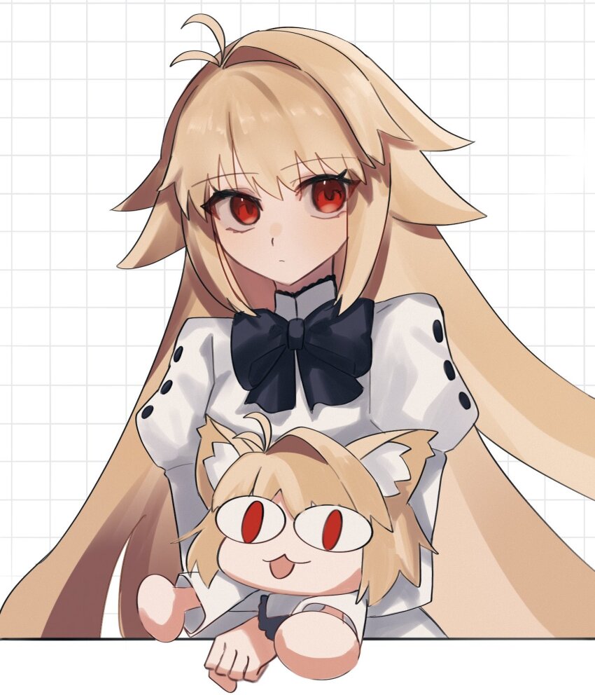 2girls 710_ao aged_down ahoge arcueid_brunestud black_ribbon blonde_hair buttons dress eco-arc highres kuudere multiple_girls neco-arc red_eyes ribbon tsukihime white_background white_dress