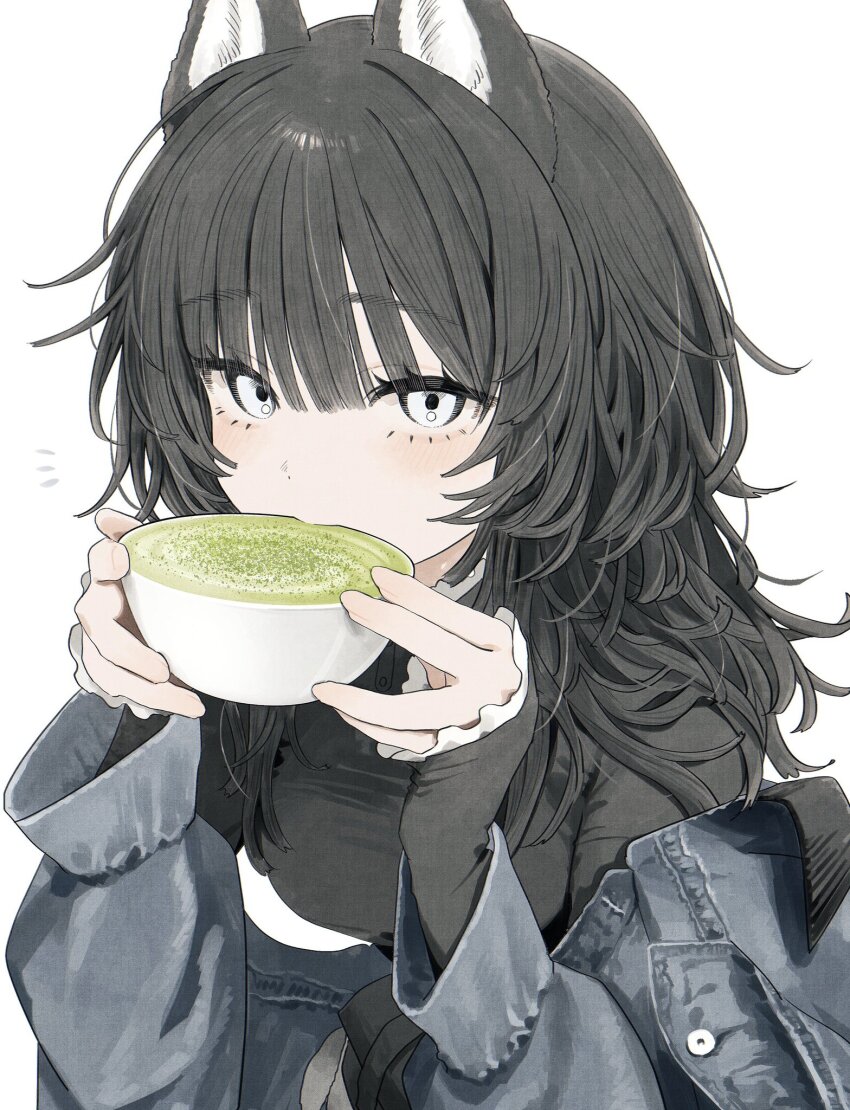 1girl animal_ears black_shirt blue_jacket blunt_bangs buttons commentary cup denim denim_jacket drinking eyelashes frilled_sleeves frills green_tea hair_between_eyes highres holding holding_cup jacket jacket_partially_removed layered_sleeves leaning_forward light_blush long_sleeves notice_lines original shirt simple_background sleeves_past_wrists solo symbol-only_commentary takaya_riku tea teacup upper_body white_background white_eyes wolf_ears