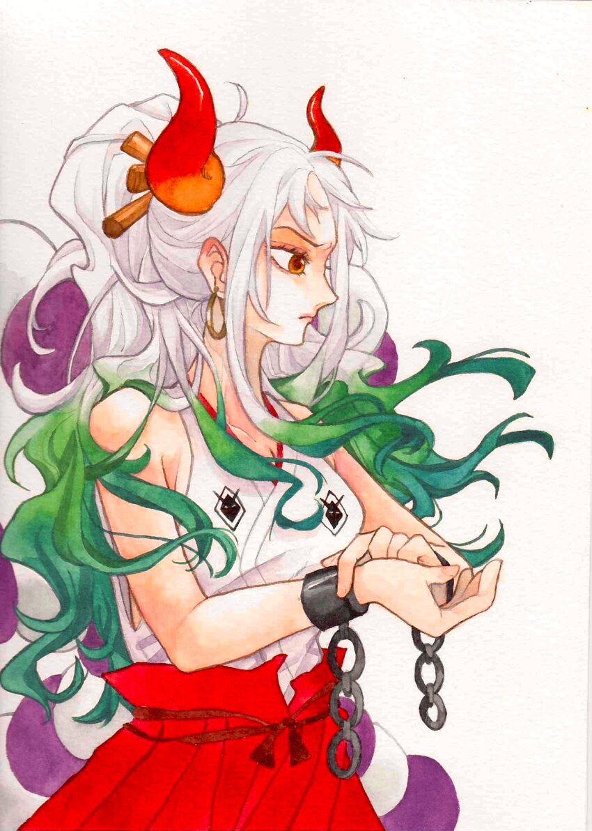 1girl blue_hair closed_mouth cuffs earrings green_hair hair_ornament hakama handcuffs highres horns japanese_clothes jewelry kimono looking_ahead one_piece orange_eyes ponytail profile red_hakama rope shimenawa simple_background sinoda_maru7326 sleeveless sleeveless_kimono solo traditional_media white_hair white_kimono yamato_(one_piece)