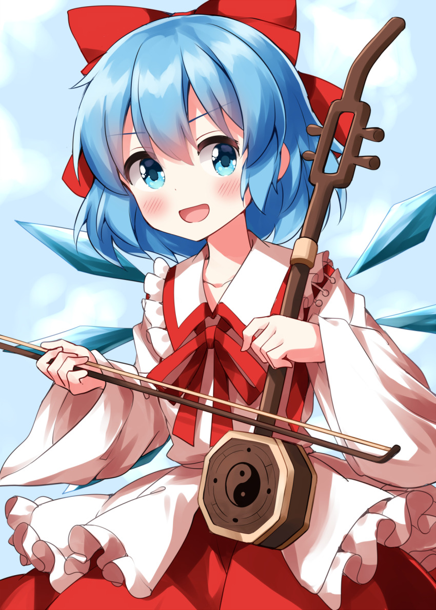 1girl aqua_eyes blue_hair blush bow bow_(music) cirno collarbone commentary_request cosplay cowboy_shot dot_nose frilled_shirt_collar frills hair_between_eyes hair_bow highres holding holding_bow_(music) holding_instrument ice ice_wings instrument long_sleeves neck_ribbon open_mouth red_bow red_ribbon red_skirt ribbon ruu_(tksymkw) satsuki_rin satsuki_rin_(cosplay) shirt short_hair skirt solo split_mouth standing touhou white_shirt wide_sleeves wings yin_yang