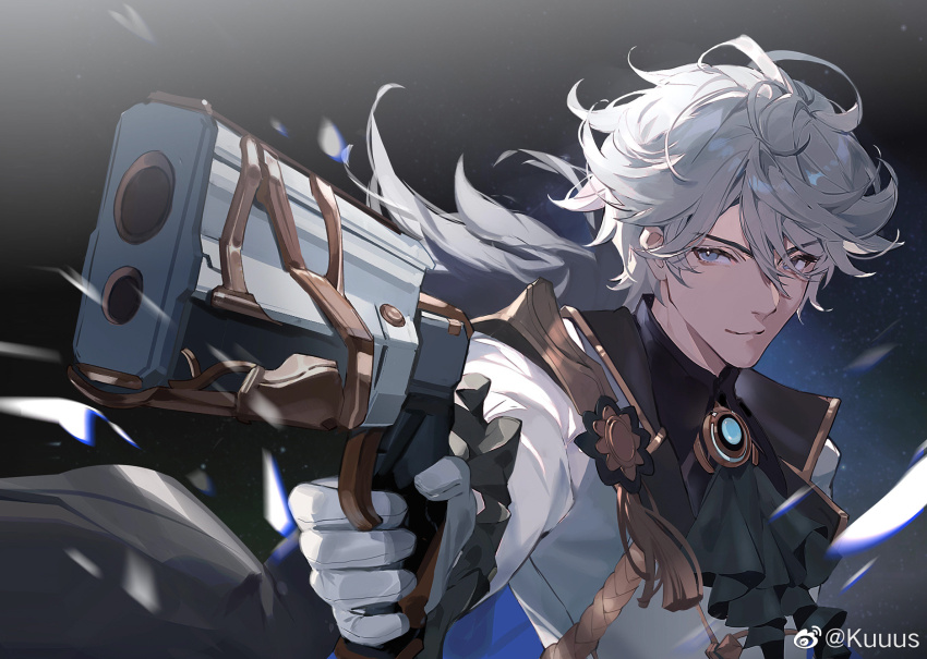1boy aiming ascot black_ascot black_background black_shirt blue_background blue_brooch bright_pupils character_request chinese_commentary closed_mouth coat collared_coat commentary_request eternal_tree frilled_sleeves frills gloves gradient_background grey_hair gun hair_between_eyes hair_over_one_eye handgun highres holding holding_gun holding_weapon kuuus light_particles lips long_sleeves looking_at_viewer male_focus messy_hair official_art shirt short_hair smile solo swept_bangs thick_eyebrows turtleneck turtleneck_shirt upper_body watermark weapon weibo_watermark white_coat white_gloves white_pupils