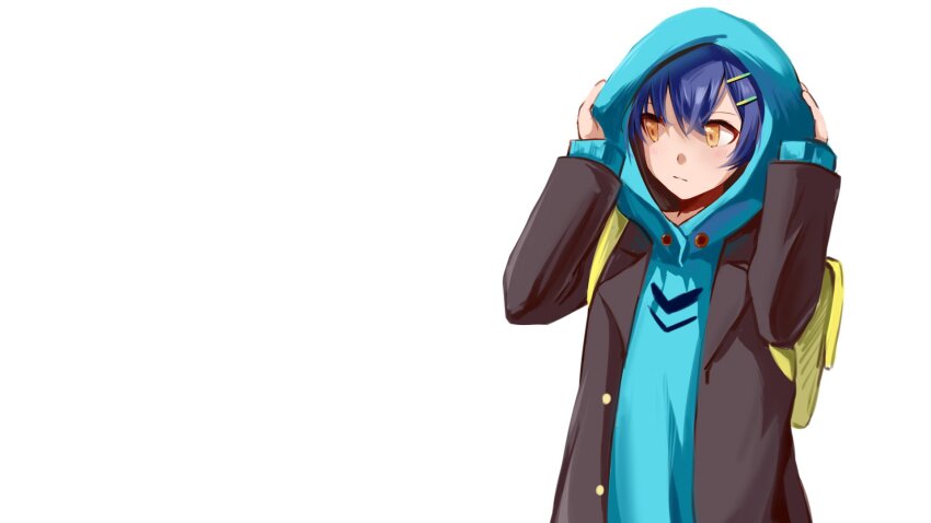 1boy adjusting_hood arms_up asanaka_yomogi backpack bag black_jacket blazer blue_hair blue_hoodie closed_mouth commentary gridman_universe hair_between_eyes highres hood hood_up hoodie jacket long_sleeves looking_to_the_side male_focus open_clothes open_jacket sankin_(_sankin510) short_hair simple_background solo ssss.dynazenon symbol-only_commentary upper_body white_background yellow_bag yellow_eyes