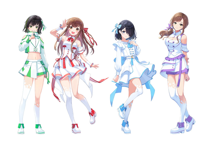 4girls :d absurdres ankle_boots asymmetrical_legwear belt black_hair blue_bow blue_eyes bob_cut boots bow braid breasts brown_eyes brown_hair character_request cleavage cleavage_cutout closed_mouth clothing_cutout contrapposto cropped_shirt dot_nose dress enogu fold-over_boots green_eyes hair_bow hair_over_one_eye hand_up head_tilt highres iwamotochou_geinousha kagawa_ichigo kneehighs large_breasts long_sleeves looking_at_viewer midriff miniskirt multiple_girls navel neck_ribbon one_eye_covered open_mouth pleated_skirt red_ribbon ribbon salute shirt shoulder_cutout side_braid single_kneehigh single_sock single_thighhigh skirt smile socks standing standing_on_one_leg thighhighs uneven_legwear virtual_youtuber white_belt white_dress white_footwear white_legwear white_shirt wristband