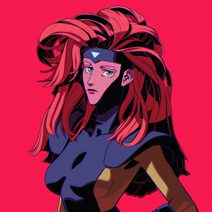 1girl absurdres animification armor blue_bodysuit blunt_ends bodysuit breasts closed_mouth green_eyes hand_on_own_hip highres jean_grey long_hair marvel medium_breasts red_background red_hair shoulder_armor skin_tight solo swept_bangs thechaseconley upper_body x-men yellow_bodysuit