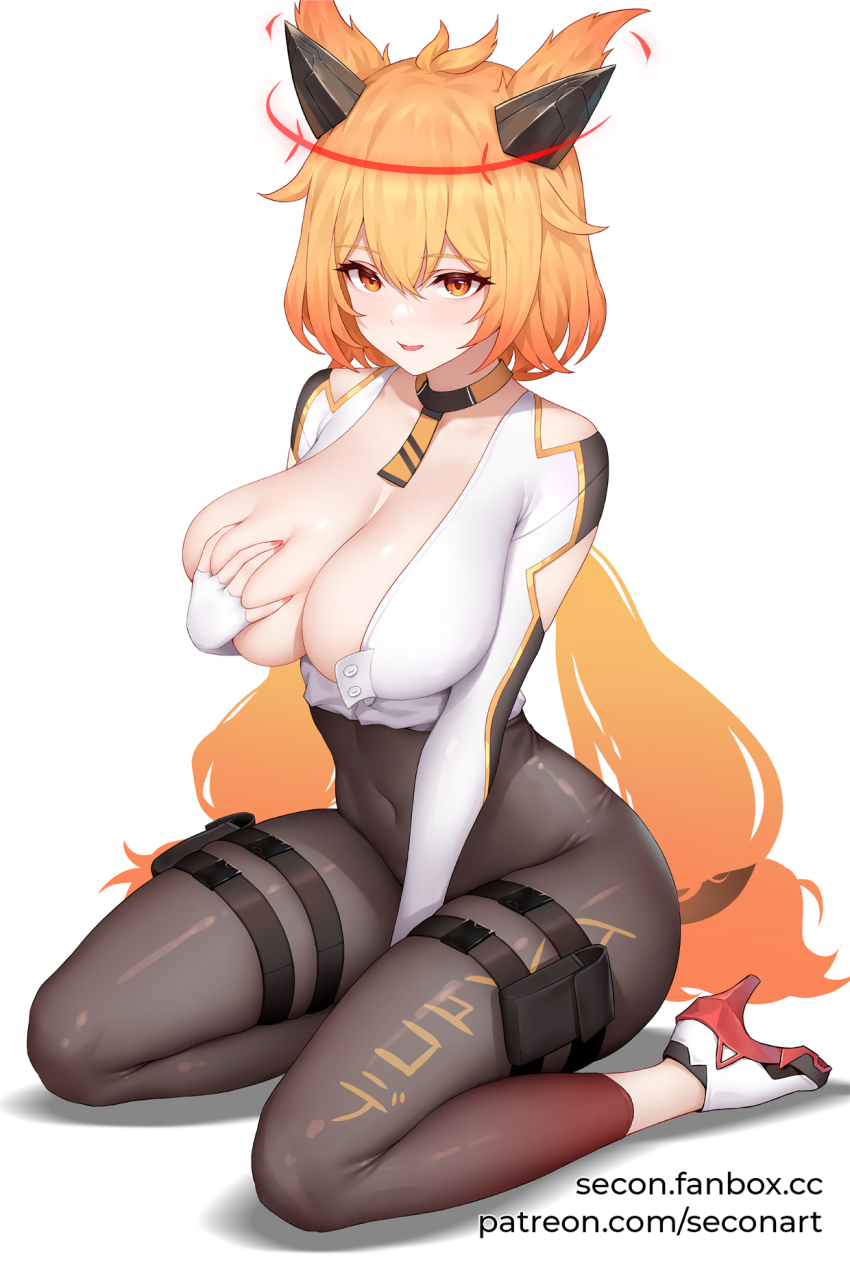 1girl bodysuit breasts buttons deep_skin feet grabbing_own_breast halo high_heels highres horns huge_breasts indie_virtual_youtuber katrena_ishkode long_hair low_twintails navel open_mouth orange_hair secon shoes skin_tight solo thigh_strap thighs twintails very_long_hair virtual_youtuber