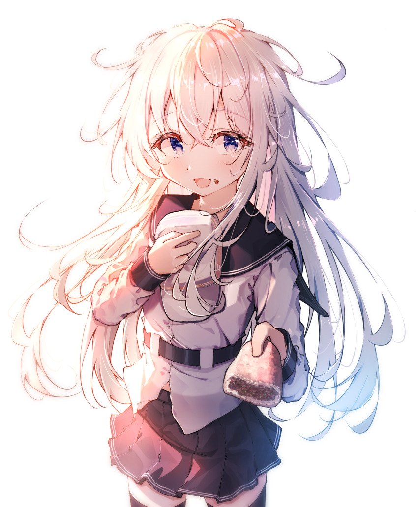 1girl absurdres black_sailor_collar black_skirt black_thighhighs blue_eyes blush cowboy_shot dfd food food_on_face grey_hair hair_between_eyes hat hibiki_(kancolle) highres holding holding_food holding_unworn_clothes holding_unworn_hat kantai_collection long_hair long_sleeves looking_at_viewer open_mouth pirozhki pleated_skirt sailor_collar sailor_shirt shirt skirt smile solo thighhighs unworn_hat unworn_headwear verniy_(kancolle) white_hat white_shirt