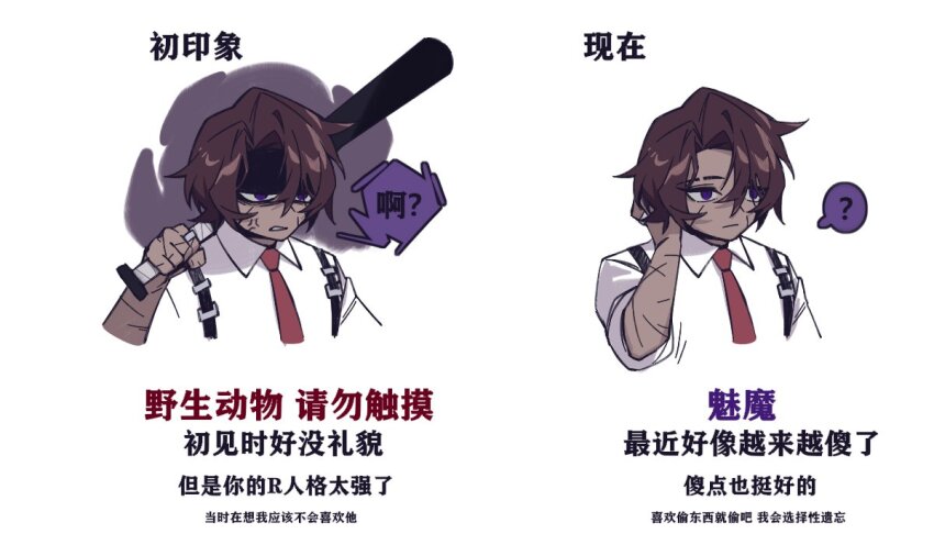 1boy baseball_bat baseball_cap brown_hair chinese_text closed_mouth collared_shirt dark-skinned_male dark_skin glaring hand_up hat heathcliff_(project_moon) holding holding_baseball_bat limbus_company mercuryhx multiple_views necktie parted_bangs progression project_moon purple_eyes red_necktie shaded_face shirt translation_request white_shirt