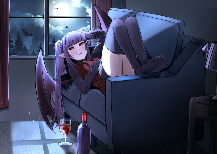 1girl absurdres alcohol bat_(animal) bat_wings black_thighhighs blunt_bangs bottle closed_mouth cup drinking_glass full_moon highres kumaartsu long_hair long_sleeves looking_at_viewer moon night original purple_hair purple_lips red_eyes smile solo thighhighs twintails vampire window wine wine_bottle wine_glass wings