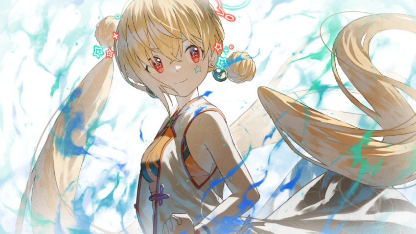 1girl blonde_hair clenched_hand crossed_bangs detached_hair double_bun earrings facial_mark fagi_(kakikaki) floating_hair hair_between_eyes hair_bun jewelry red_eyes reject_(esports) smile solo star-shaped_pupils star_(symbol) symbol-shaped_pupils tank_top tooko_(vtuber) twintails upper_body vest virtual_youtuber