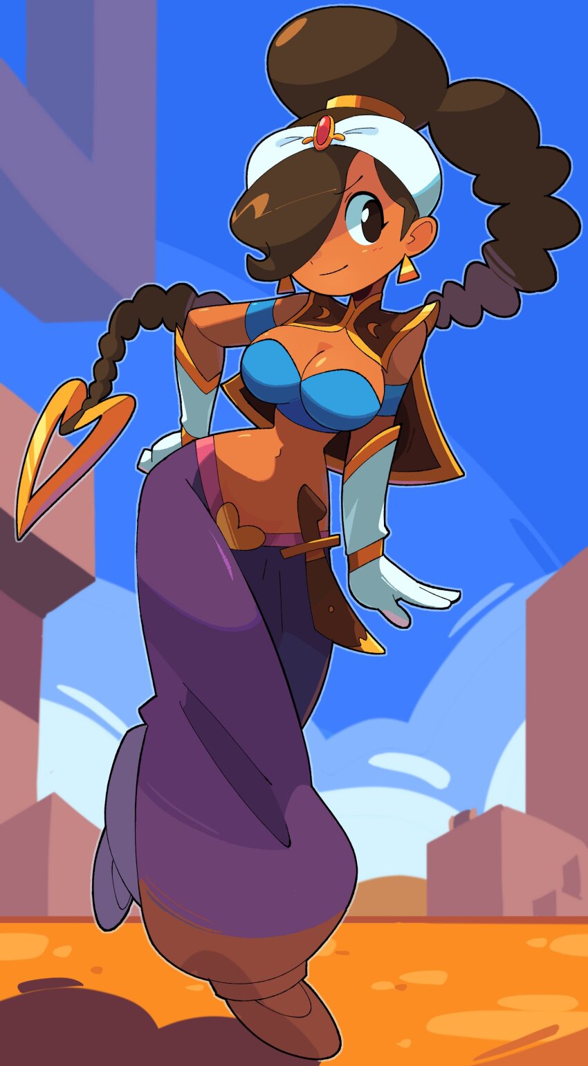 1girl absurdres braid braided_ponytail breasts capcom cleavage earrings hair_over_one_eye highres jewelry large_breasts long_hair midriff navel power_stone rouge_(power_stone) solo