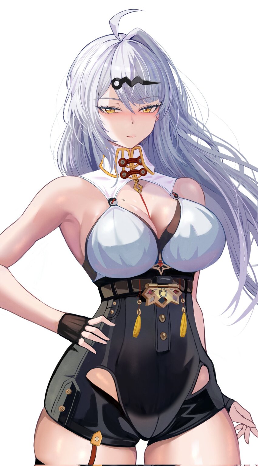 1girl bare_shoulders black_gloves black_shorts blush breasts closed_mouth collar commentary_request corrupted_twitter_file cowboy_shot fingerless_gloves gloves grey_hair hair_ornament hand_on_own_hip high-waist_shorts highres large_breasts long_hair looking_at_viewer mole mole_on_chest no_jacket penguintake shorts simple_background solo thighs white_background white_collar yellow_eyes yi_xuan_(zenless_zone_zero) zenless_zone_zero