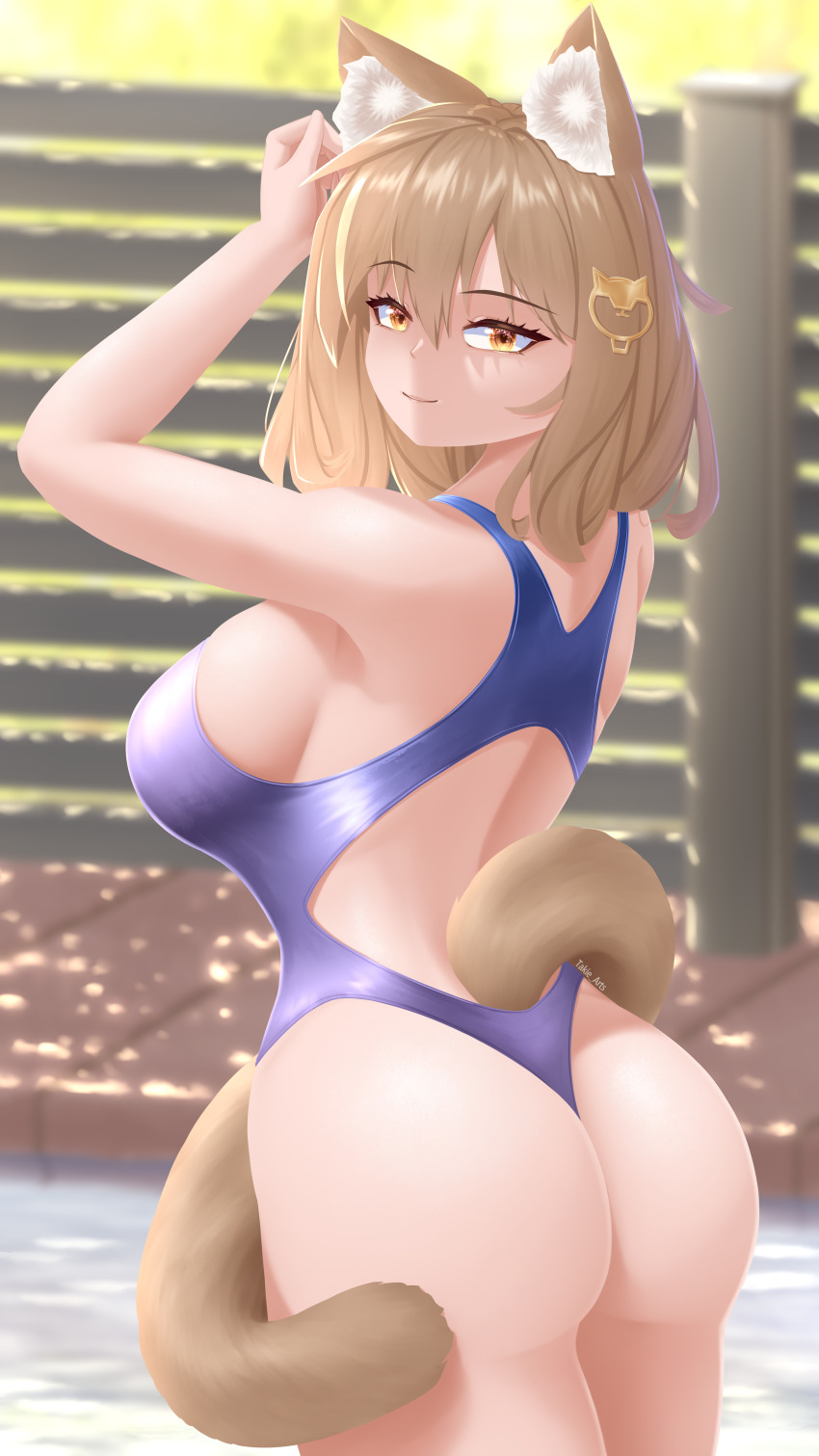 1girl absurdres animal_ear_fluff animal_ears anis_(nikke) ass blonde_hair breasts cat_ears cat_girl cat_tail fence goddess_of_victory:_nikke hair_ornament highres kemonomimi_mode looking_at_viewer looking_over_shoulder one-piece_swimsuit pool poolside raised_eyebrows short_hair sideboob smile swimsuit tail takie_arts