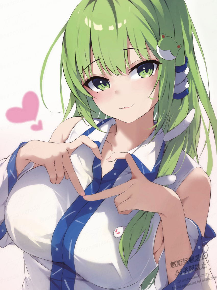 1girl four-finger_heart_hands :3 bare_shoulders breasts detached_sleeves frog_hair_ornament green_eyes green_hair hair_ornament heart heart_hands highres kochiya_sanae large_breasts long_hair looking_at_viewer mikan923 shirt smile snake_hair_ornament solo touhou upper_body watermark white_background white_shirt
