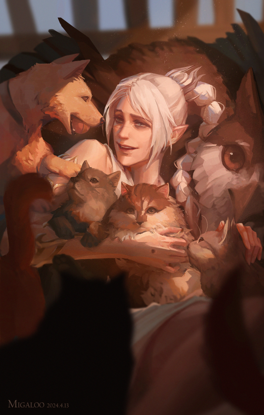 1girl animal artist_name baldur&#039;s_gate baldur&#039;s_gate_3 ball blue_eyes blurry blurry_foreground cat commentary dated depth_of_field dog elf english_commentary facial_scar from_side highres holding holding_animal long_hair looking_at_animal migaloo multi-tied_hair open_mouth owlbear painterly petting pointy_ears ponytail scar scar_on_cheek scar_on_face scar_on_hand scar_on_nose scratch_(baldur&#039;s_gate) shadowheart_(baldur&#039;s_gate) smile upper_body white_hair