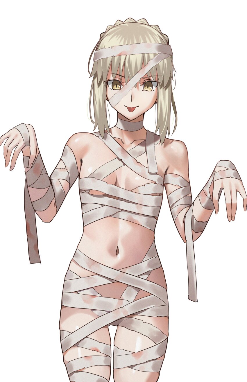1girl absurdres alternate_costume artoria_pendragon_(fate) bandaged_arm bandaged_hand bandaged_head bandaged_leg bandaged_torso bandages blonde_hair breasts closed_mouth commentary english_commentary fate/grand_order fate_(series) highres longdq3008 looking_at_viewer mummy_costume navel saber_alter simple_background small_breasts solo tongue tongue_out white_background yellow_eyes