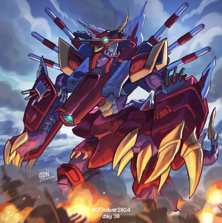 absurdres armor claws cwdw destromon digimon digimon_(creature) digimon_world_3 explosion full_body glowing glowing_eyes green_eyes highres no_humans red_armor robot shoulder_cannon