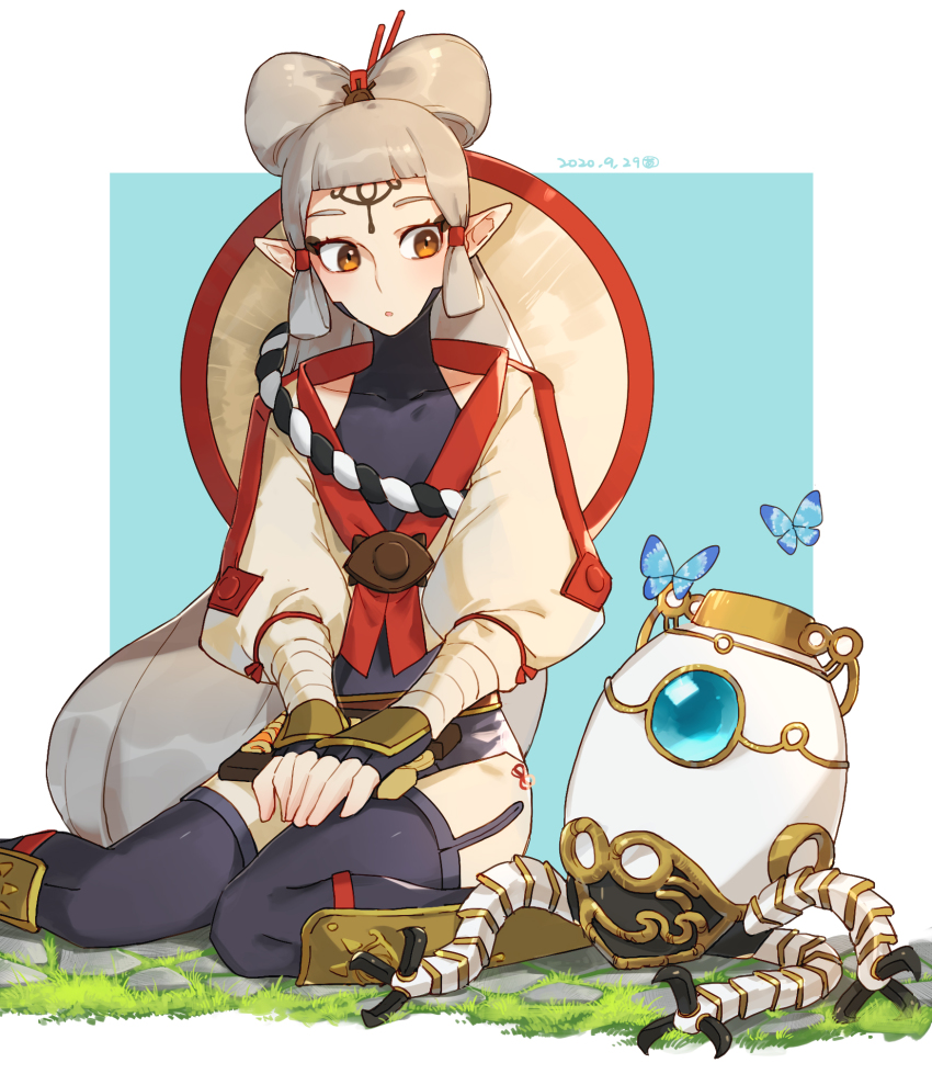 1girl 2020 ajirogasa aooni black_pantyhose bug butterfly collarbone commentary_request dated eye_symbol facial_mark fingerless_gloves forehead_mark gloves guardian_(zelda) hair_bun hair_ornament hair_stick hat hat_on_back highres hyrule_warriors:_age_of_calamity impa insect japanese_clothes long_hair low-tied_long_hair nintendo open_mouth pantyhose parted_lips pointy_ears sheikah sheikah_slate single_hair_bun sitting terrako the_legend_of_zelda the_legend_of_zelda:_breath_of_the_wild unworn_hat unworn_headwear very_long_hair white_hair yellow_eyes