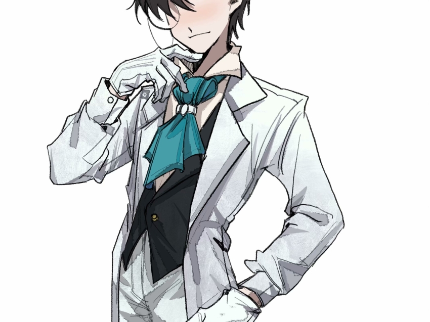 1boy aqua_ascot beijingban18388 black_hair black_jacket black_pants black_vest chinese_commentary closed_mouth collared_shirt commentary_request cowboy_shot gloves hand_on_own_hip highres identity_v jacket lapels male_focus monocle notched_lapels open_clothes open_jacket orpheus_(identity_v) pants shirt short_hair simple_background solo vest white_background white_gloves white_shirt