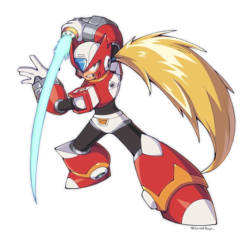 1boy armor blonde_hair energy_sword helmet highres holding holding_sword holding_weapon long_hair male_focus mega_man_(series) mega_man_x_(series) ponytail red_armor red_helmet shoulder_armor simple_background solo surrealmason sword twitter_username weapon white_background z_saber zero_(mega_man)