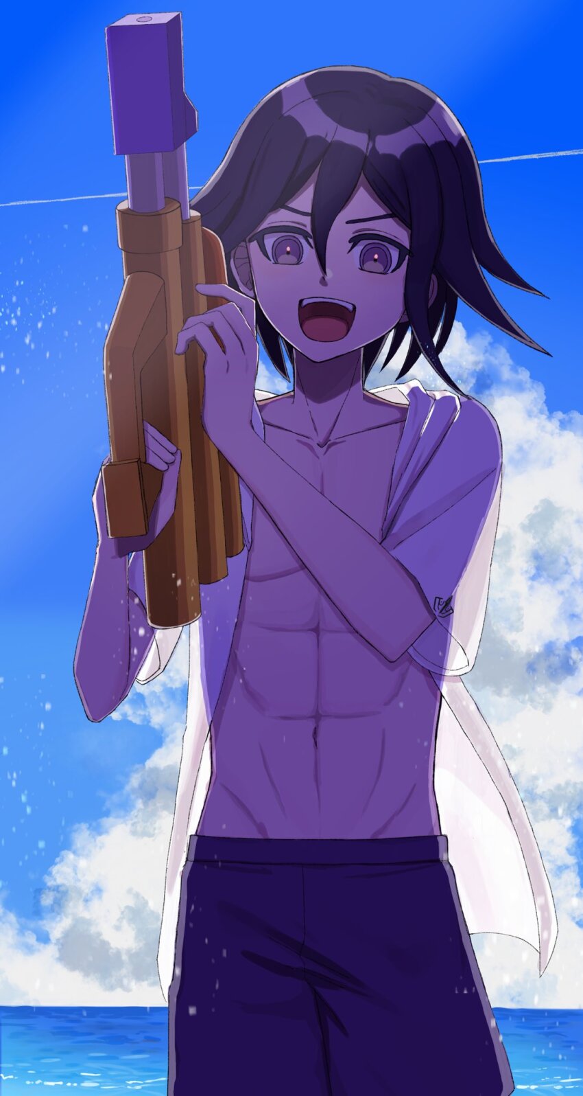 1boy :d abs arironpawa cloud collarbone cowboy_shot danganronpa_(series) danganronpa_s:_ultimate_summer_camp danganronpa_v3:_killing_harmony day flipped_hair hair_between_eyes hands_up highres holding holding_water_gun male_focus male_swimwear medium_hair navel official_alternate_costume oma_kokichi open_clothes open_mouth open_shirt outdoors pink_eyes purple_male_swimwear short_sleeves smile solo teeth upper_teeth_only water_gun