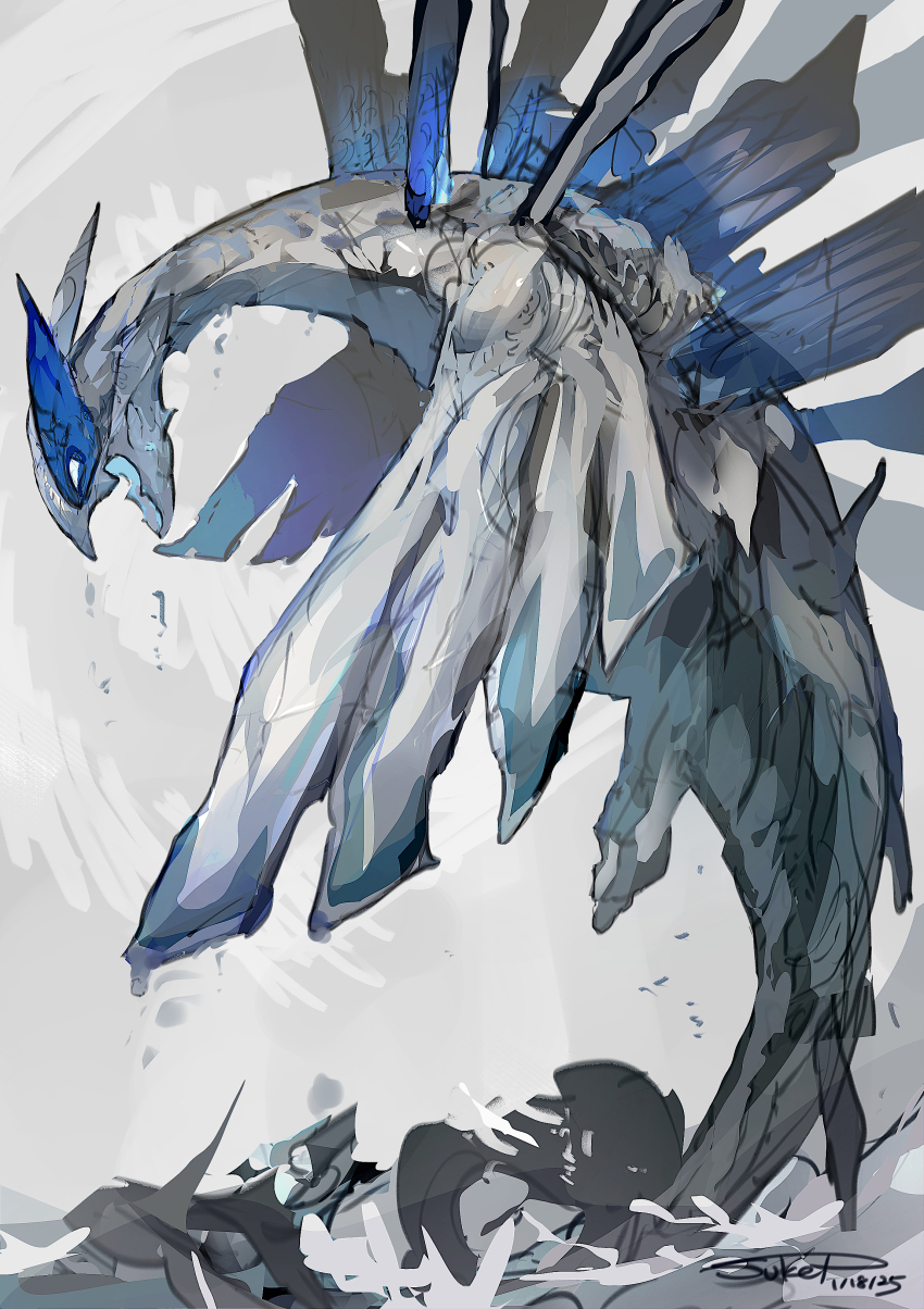 absurdres colored_skin commentary_request dated gen_2_pokemon highres legendary_pokemon lugia multiple_wings nintendo no_humans open_mouth pokemon pokemon_(creature) signature solid_eyes sukepmonster tail waves white_eyes white_skin wings