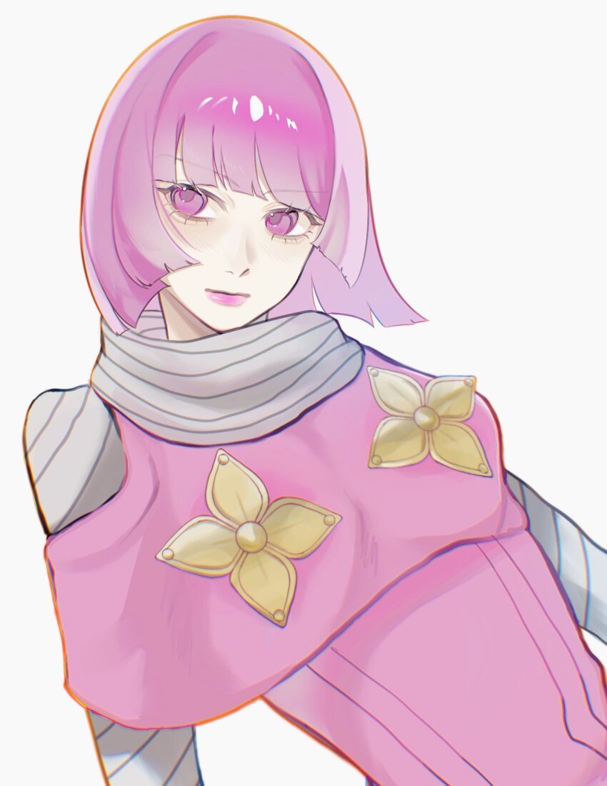 1girl bob_cut breasts capelet closed_mouth clothing_cutout dress flower_ornament grey_shirt hashtag-only_commentary highres hot_pants_(sbr) jojo_no_kimyou_na_bouken long_sleeves looking_at_viewer makeup no_headwear pink_capelet pink_dress pink_eyes pink_hair pink_lips shirt short_hair shoulder_cutout simple_background skht_5 small_breasts solo steel_ball_run upper_body white_background