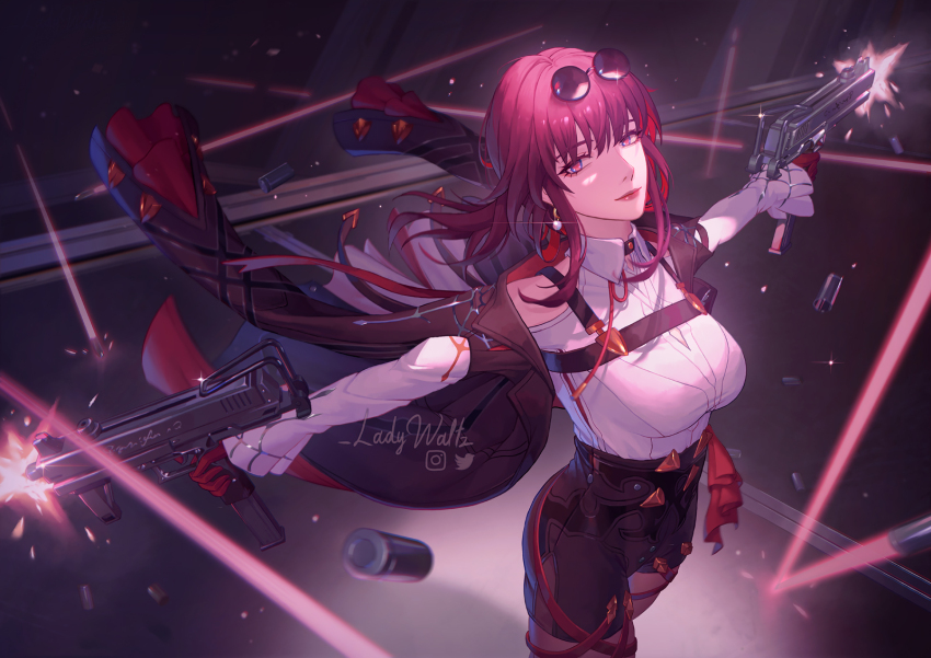 1girl artist_name black_coat black_jacket black_shorts breasts closed_mouth coat cowboy_shot dual_wielding earrings eyewear_on_head firing gloves gun hair_between_eyes high-waist_shorts highres holding holding_gun holding_weapon honkai:_star_rail honkai_(series) instagram_logo jacket jewelry kafka_(honkai:_star_rail) ladywaltz long_hair long_sleeves looking_at_viewer mac-10/11 medium_breasts open_clothes open_jacket outstretched_arms pantyhose pantyhose_under_shorts pink_lips purple_eyes purple_gloves purple_hair purple_pantyhose ricocheting round_eyewear shell_casing shirt short_shorts shorts sidelocks solo standing submachine_gun sunglasses thighs twitter_logo unworn_eyewear unworn_sleeves weapon white_shirt
