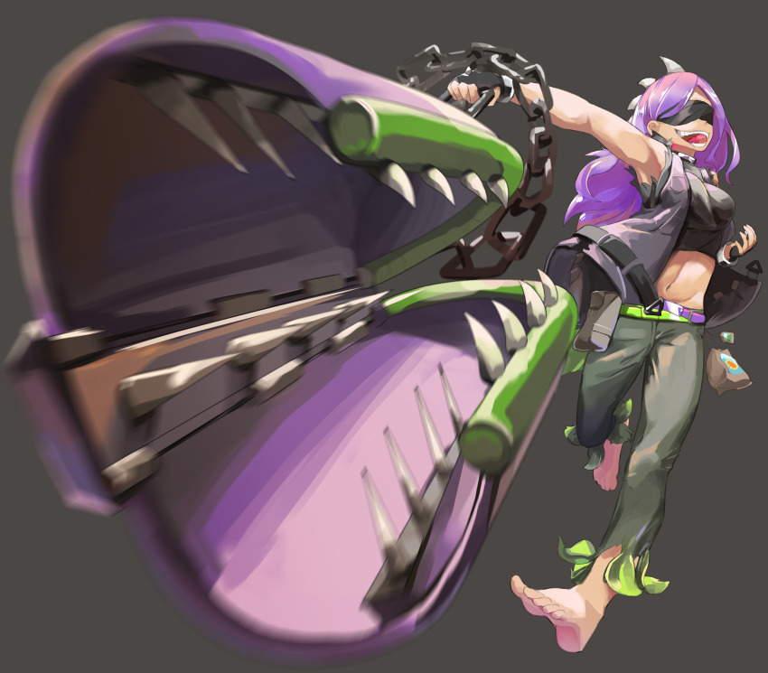 1girl absurdres arknights bare_shoulders barefoot belt blindfold breasts chain choker chomper_(plants_vs_zombies) crop_top fingerless_gloves gloves highres iron_maiden jacket leaf long_hair medium_breasts midriff monster_girl motion_blur multiple_belts open_mouth pants personification plant_girl plants_vs_zombies pompmaker1 pouch punk purple_hair simple_background smile spikes swinging teeth torn_clothes weapon