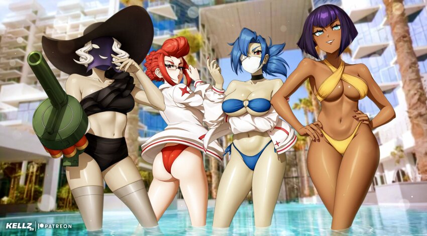 4girls arm_cannon arms_under_breasts ass bikini black_dahlia black_nails blue_eyes blue_hair bob_cut breasts choker christmas_(skullgirls) cleavage collarbone cowboy_shot cyborg dark-skinned_female dark_skin eliza_(skullgirls) eyepatch glasses grenade_launcher grin hands_on_own_hips hat highres jacket kellzallday large_breasts looking_at_another looking_back mask mouth_mask multiple_girls nail_polish navel o-ring o-ring_top pompadour ponytail pool purple_hair red_eyes red_hair red_nails scar short_hair skullgirls smile surgical_mask swimsuit underboob valentine_(skullgirls) veil weapon white_hair wide_hips
