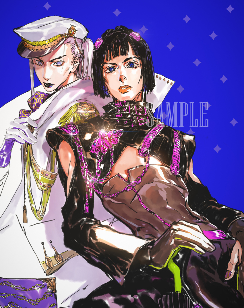2boys black_hair black_lips blue_background blue_eyes bob_cut bruno_bucciarati commentary english_commentary hat highres jojo_no_kimyou_na_bouken leone_abbacchio multiple_boys ponytail short_hair tixili vento_aureo white_hair white_hat