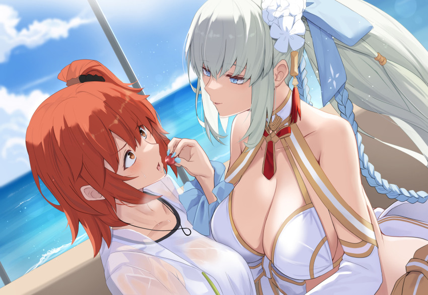 2girls bare_shoulders beach bikini blue_eyes blue_hair blush braid breasts cleavage collarbone detached_sleeves fate/grand_order fate_(series) flower fujimaru_ritsuka_(female) fujimaru_ritsuka_(female)_(summer_street) gold_trim grey_hair hair_flower hair_ornament highres jacket large_breasts long_hair long_sleeves morgan_le_fay_(water_princess)_(fate) multiple_girls one_side_up orange_eyes orange_hair ponytail puffy_long_sleeves puffy_sleeves see-through_clothes see-through_jacket short_hair swimsuit untue white_bikini white_jacket