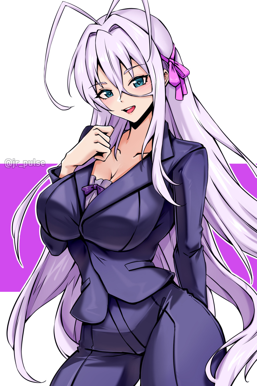 1girl absurdres antenna_hair black_jacket black_pants blue_eyes breasts cleavage collarbone cowboy_shot high_school_dxd highres jacket jrpulse large_breasts long_hair pants purple_hair rossweisse simple_background solo twitter_username white_background