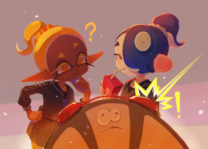 ! 1boy 2girls ? aged_down big_man_(splatoon) big_man_(young)_(splatoon) blonde_hair blue_hair blue_neckerchief blue_sailor_collar blue_serafuku blue_shirt blue_skirt cephalopod_eyes closed_eyes closed_mouth colored_eyelashes commentary_request cowboy_shot dark-skinned_female dark_skin dmwggg drink drinking drinking_straw earrings finger_to_own_chin frye_(splatoon) frye_(young)_(splatoon) hair_over_one_eye hand_on_own_hip headphones high_ponytail highres holding holding_drink inkling jewelry juice_box light_particles looking_at_another multiple_earrings multiple_girls neckerchief nintendo notice_lines octoling official_alternate_costume one_eye_covered orange_pupils pleated_skirt pointy_ears ponytail red_eyes red_headphones red_pupils sailor_collar school_uniform scrunchie serafuku shirt shiver_(splatoon) shiver_(young)_(splatoon) short_eyebrows skirt splatoon_(series) splatoon_3 star-shaped_pupils star_(symbol) suction_cups surprised sweatdrop symbol-shaped_pupils tentacle_hair tooth_earrings yellow_eyes yellow_scrunchie