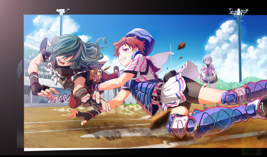 aisaka_koko akino_komugi aqua_eyes asada_aoi ball baseball baseball_(object) baseball_glove baseball_helmet baseball_stadium baseball_uniform belt belt_buckle belt_pouch bike_shorts_under_skirt black_belt black_gloves black_pouch black_shorts black_undershirt blue-framed_eyewear blue_hair blurry buckle catcher&#039;s_mask catcher_(baseball) chest_protector cinderella_series clenched_teeth cloud cumulonimbus_cloud depth_of_field dust_cloud fingerless_gloves game_cg glasses gloves green_hair hachigatsu_no_cinderella_nine hase_maria helmet highres holding holding_ball light_blue_hair neckerchief non-web_source official_art open_mouth outdoors pink_neckerchief playing_sports pleated_skirt pouch red_eyes red_hair sakagami_mei satogahama_baseball_uniform semi-rimless_eyewear senba_ayako shin_guards shirt shirt_under_shirt short_hair short_sleeves shorts skirt sky sliding solo_focus sportswear striped_belt striped_clothes striped_shirt sweat teeth tsukishima_yui_(hachigatsu_no_cinderella_nine) under-rim_eyewear vertical-striped_clothes vertical-striped_shirt wristband