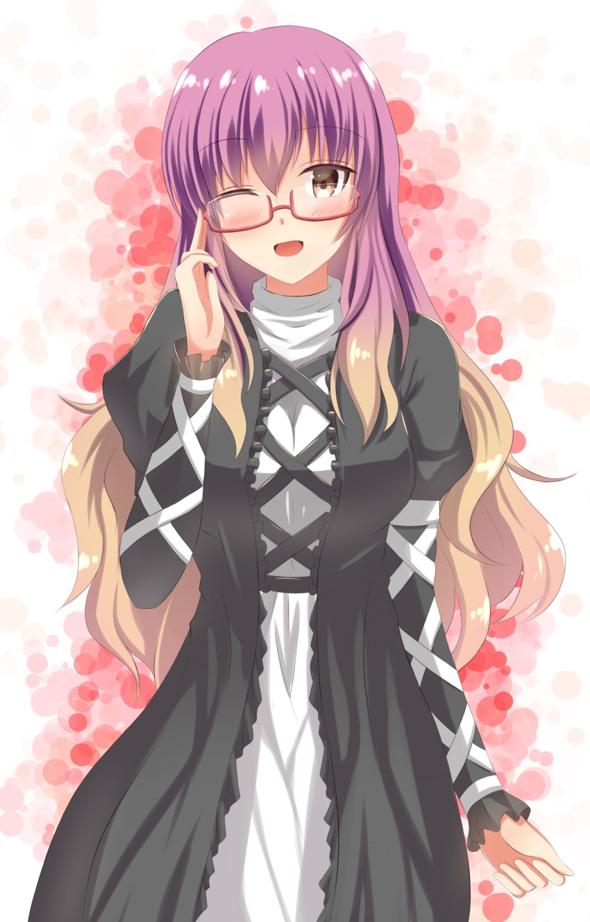 1girl absurdres adjusting_eyewear arm_at_side bad_id bad_pixiv_id bespectacled black_dress blush brown_eyes brown_hair dress female_focus glasses gradient_hair highres hijiri_byakuren long_hair long_sleeves looking_at_viewer multicolored_hair one_eye_closed open_mouth puffy_long_sleeves puffy_sleeves purple_hair smile solo touhou ucukrtz wince