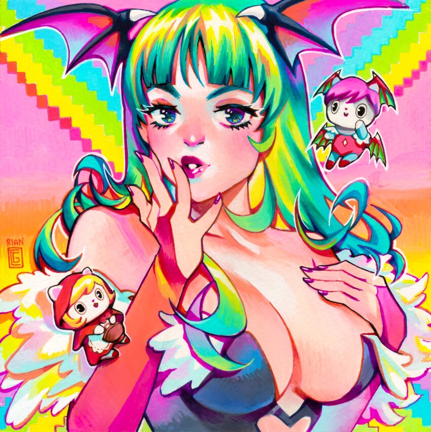 3girls artist_name b.b._hood bare_shoulders bat_wings black_leotard blonde_hair blunt_bangs blush breasts bridal_gauntlets cleavage collarbone commentary darkstalkers demon_girl english_commentary fur-trimmed_leotard fur_trim gouache_(medium) green_eyes green_hair head_wings highres large_breasts leotard lilith_(darkstalkers) long_hair looking_at_viewer morrigan_aensland multiple_girls off-shoulder_leotard overexposure painting_(medium) parted_lips pink_hair pixelated rian_gonzales solo_focus traditional_media upper_body watercolor_(medium) wings