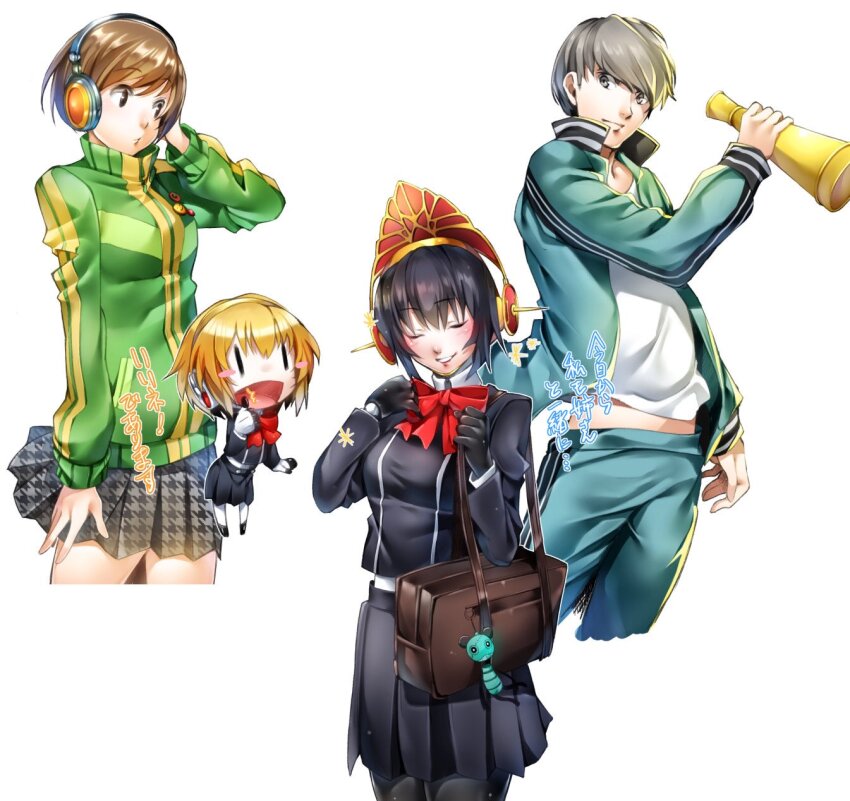 1boy 3girls aigis_(persona) android black_hair black_pantyhose blonde_hair breasts brown_hair chibi closed_mouth gekkoukan_high_school_uniform grey_hair highres metis_(persona) multiple_girls nakano_maru narukami_yu pantyhose persona persona_3 persona_3_the_answer persona_4 satonaka_chie school_uniform short_hair simple_background smile white_background