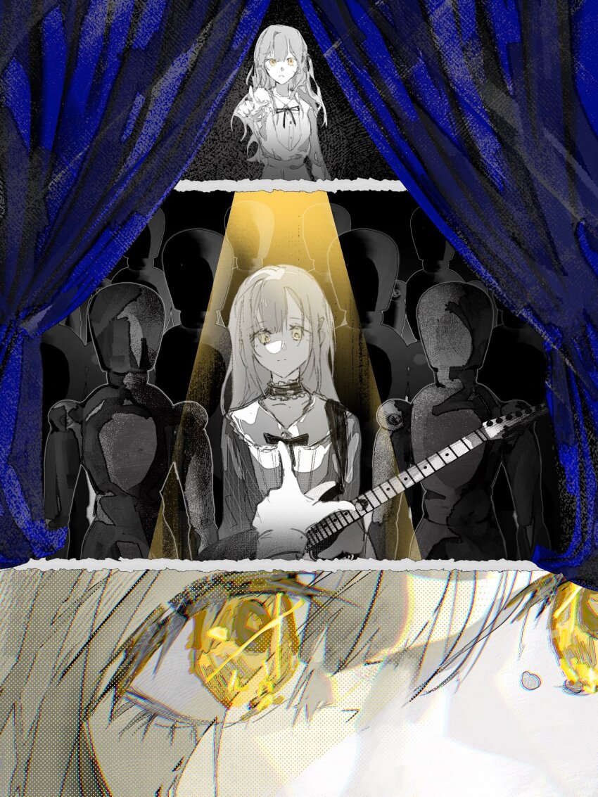 2girls bang_dream! bang_dream!_it&#039;s_mygo!!!!! choker commentary curtains english_commentary guitar highres instrument long_sleeves mannequin multiple_girls partially_colored pointing ribbon skirt spotlight togawa_sakiko wakaba_mutsumi yellow_eyes yi_chuan_xian_hua