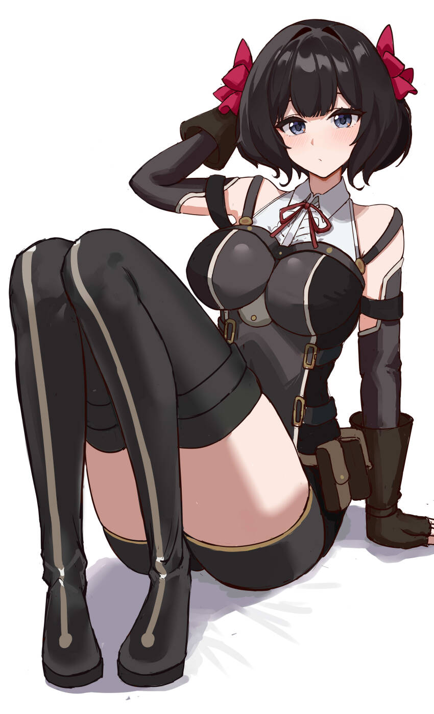 1girl absurdres arm_behind_head belt_pouch black_boots black_gloves black_hair black_romper black_shorts blue_hair boots breasts chinese_commentary closed_mouth commentary_request detached_sleeves eyebrows_hidden_by_hair full_body gloves hair_ribbon hais highres large_breasts light_blush looking_at_viewer nageki_no_bourei_wa_intaishitai partially_fingerless_gloves pouch red_ribbon ribbon shadow short_hair shorts simple_background sitting solo thigh_boots tino_shade white_background