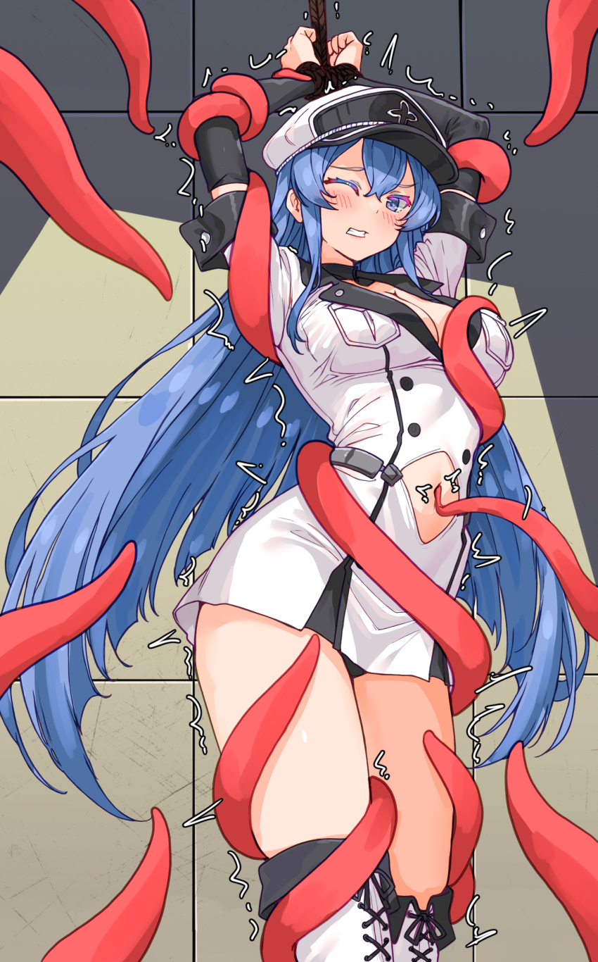 1girl akame_ga_kill! arms_up bakasp-lilzy black_choker black_panties blue_eyes blue_hair blush bound bound_wrists breasts choker cleavage clenched_teeth clothing_cutout dress esdeath hat highres large_breasts long_hair military_hat navel navel_cutout one_eye_closed panties pantyshot peaked_cap rape restrained rope short_dress solo teeth tentacles thighhighs thighs tile_wall tiles trembling underwear very_long_hair white_dress white_hat white_thighhighs