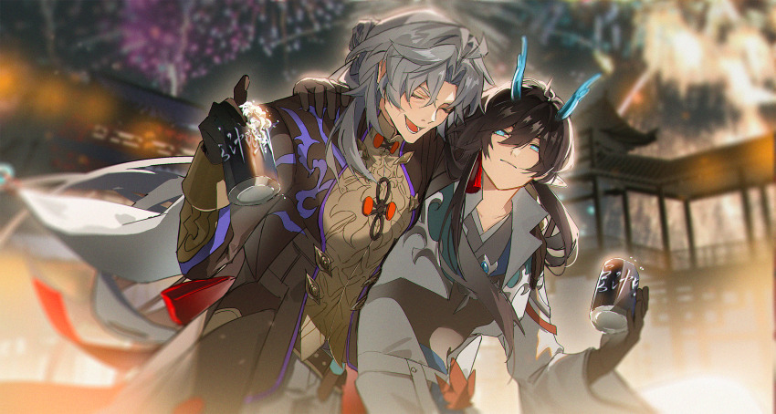 2boys ahoge architecture belt black_gloves black_hair black_jacket blade_(honkai:_star_rail) blue_eyes blue_horns blurry blurry_background can chinese_clothes cinnabar2528 closed_eyes coat collared_coat commentary_request dan_feng_(honkai:_star_rail) dan_heng_(honkai:_star_rail) dan_heng_(imbibitor_lunae)_(honkai:_star_rail) dragon_horns east_asian_architecture eastern_dragon_horns expressionless fireworks floating_clothes foam folded_ponytail gloves grey_hair hair_between_eyes hands_on_another&#039;s_shoulders highres holding holding_can honkai:_star_rail honkai_(series) horns jacket jewelry long_hair long_sleeves looking_at_another male_focus multiple_boys night open_clothes open_coat open_mouth outdoors parted_bangs pointy_ears smile upper_body white_coat wide_sleeves yingxing_(honkai:_star_rail)